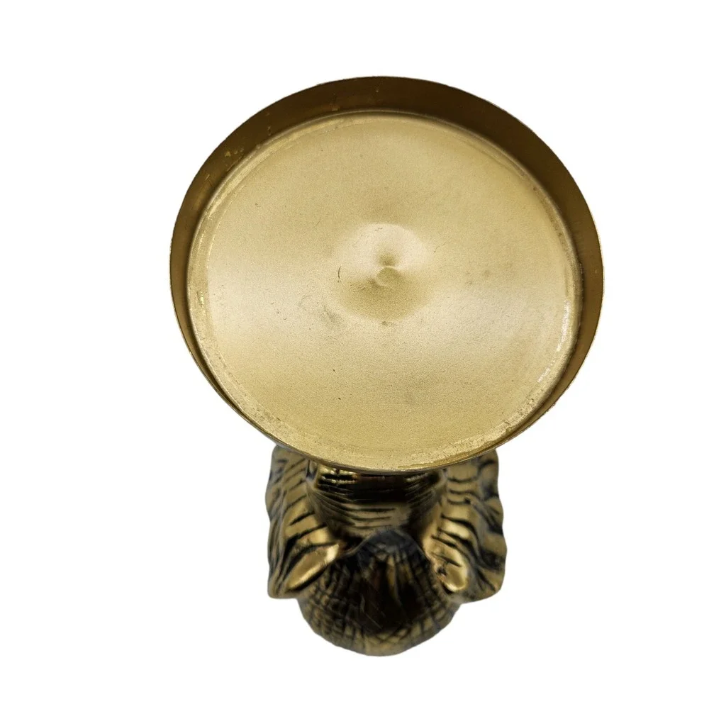 Brass Gold Tone Sitting Elephant Trunk Up Pillar Candle Holder Lucky Safari 9